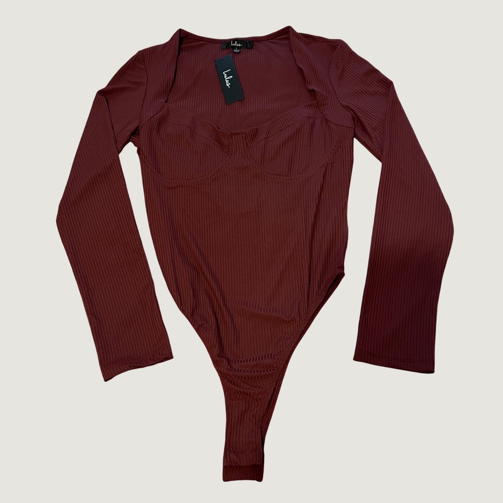 Lulus Ribbed Long Sleeve Bustier Bodysuit Burgundy Wine BDST1210 Large